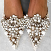 White Pearl Jeweled Lace Satin Heels